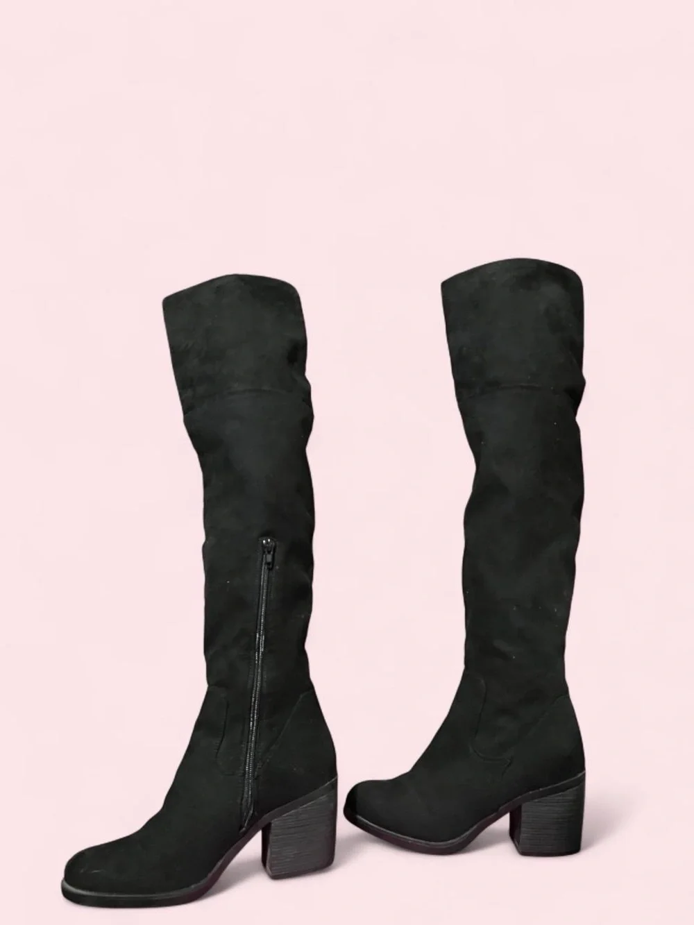 Size 7 Black Over-the-Knee Block Heel Boots